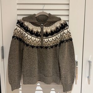 Joe's Jeans Brown Fair Isle Zip Sweater with Cream & Black Accents